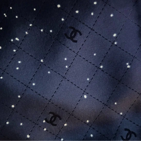 Authentic Chanel Navy Blue Silk Scarf with Star Pattern